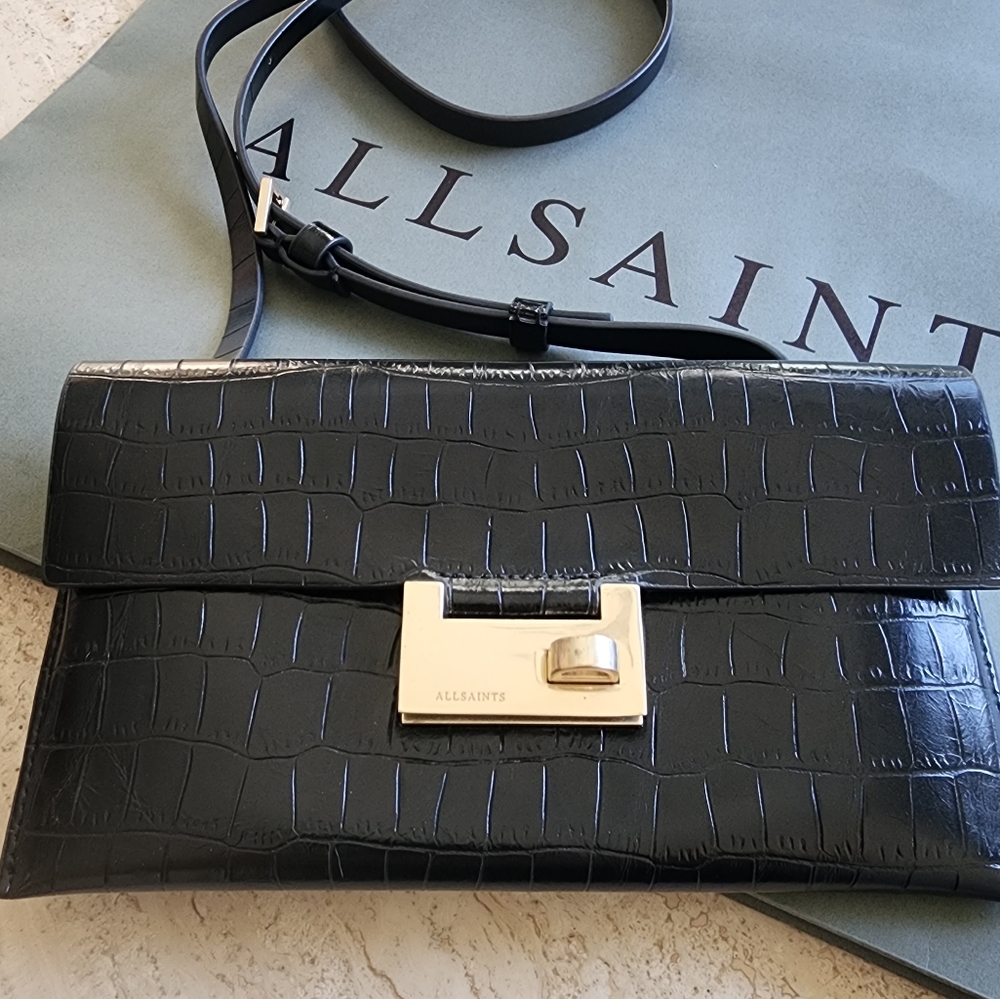 All Saints Black Francois Croc Crossbody Small Leather Xbody